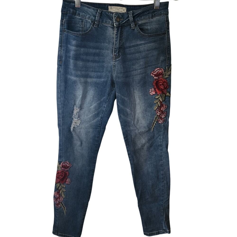 Angel Kiss Mid Rise Embroidered Floral Roses Stretchy Skinny Denim Jeans Size 7
